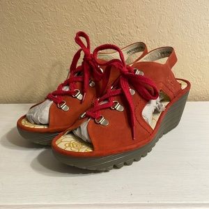 NWT Fly London Ylfa Red Lace Up Wedges